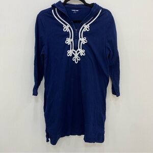 Lands End half zip hoodie swim cover-up navy cotton tunic dress Sz Medium